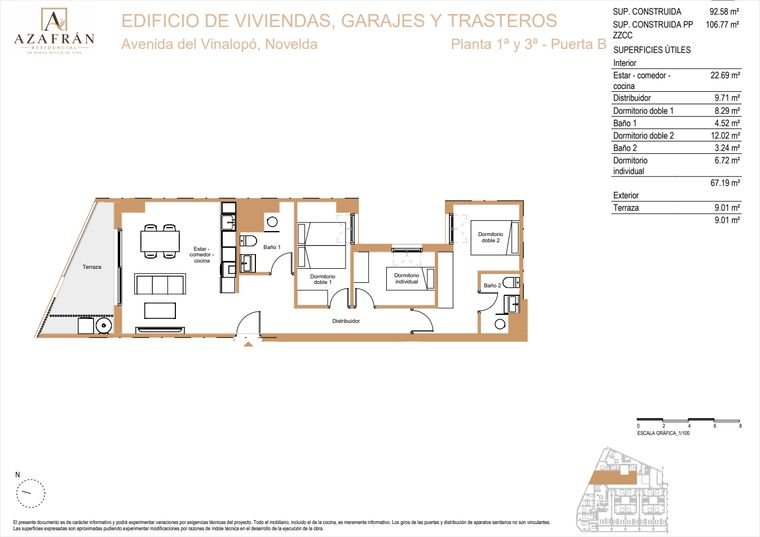 Plano de vivienda, Plantas 1ª y 3ª · Puerta B