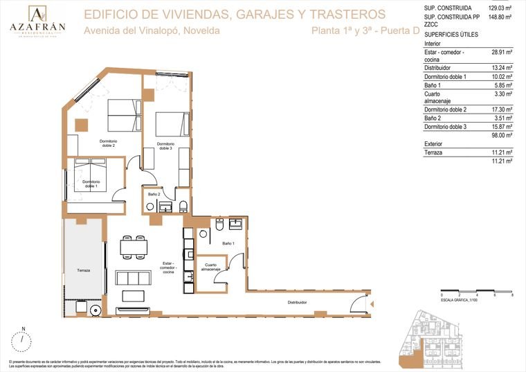 Plano de vivienda, Plantas 1ª y 3ª · Puerta D