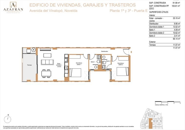 Plano de vivienda, Plantas 1ª y 3ª · Puerta E