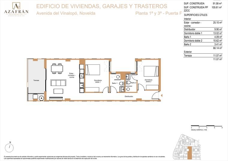 Plano de vivienda, Plantas 1ª y 3ª · Puerta F