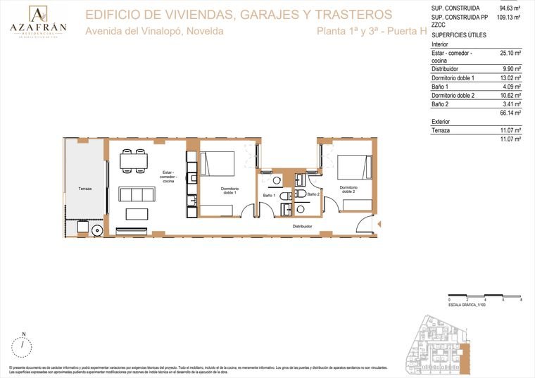 Plano de vivienda, Plantas 1ª y 3ª · Puerta H