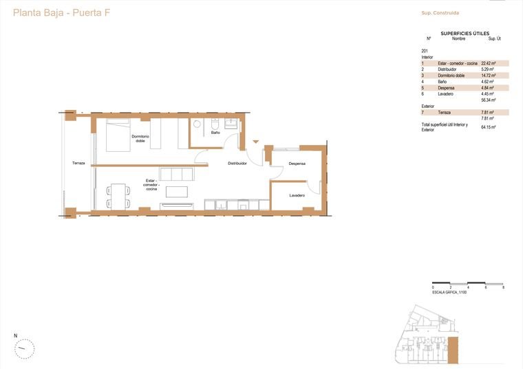 Plano de vivienda, Planta baja · Puerta F