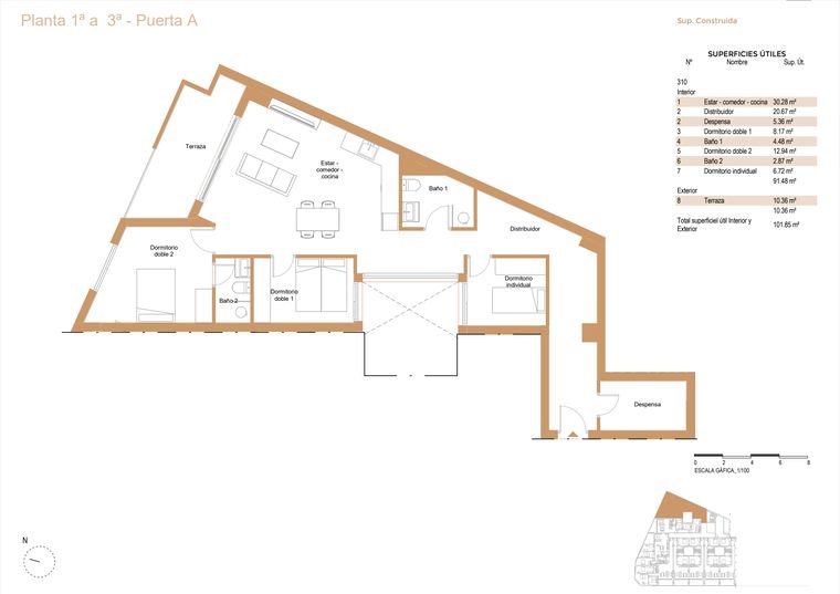 Plano de vivienda, Planta 1ª a 3ª · Puerta A