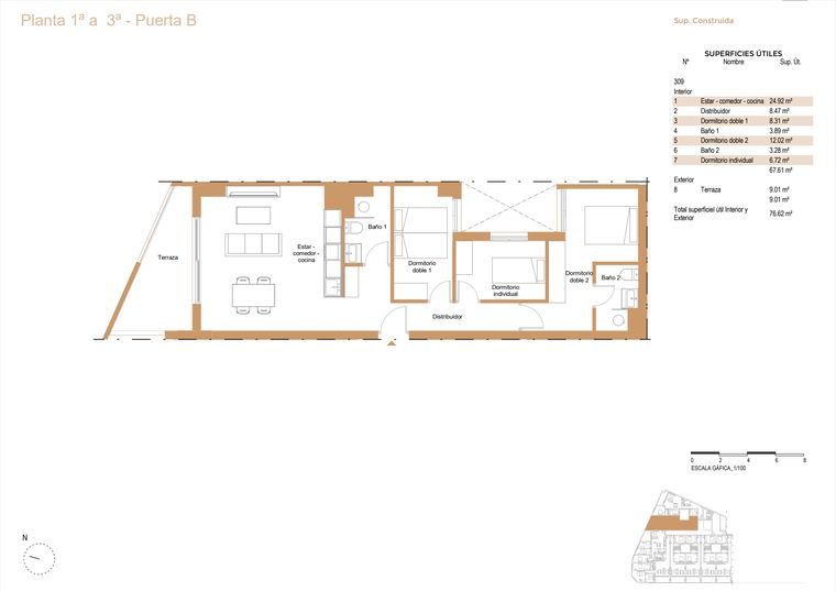 Plano de vivienda, Planta 1ª a 3ª · Puerta B