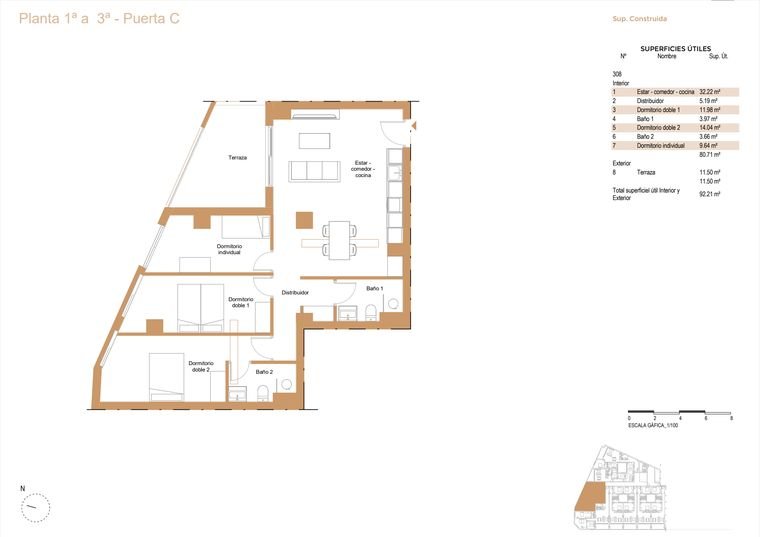 Plano de vivienda, Planta 1ª a 3ª · Puerta C