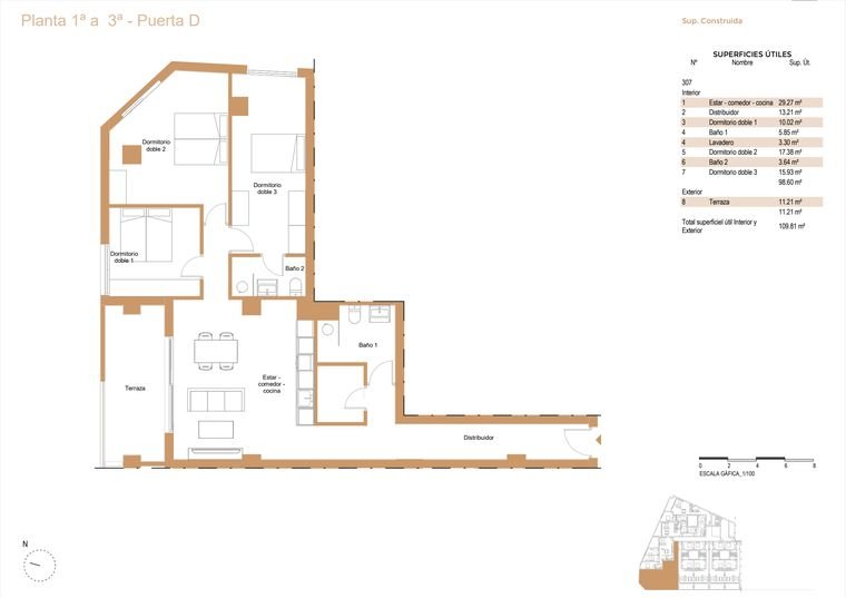 Plano de vivienda, Planta 1ª a 3ª · Puerta D
