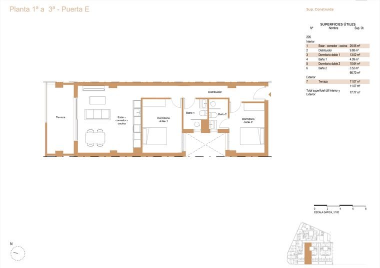 Plano de vivienda, Planta 1ª a 3ª · Puerta E