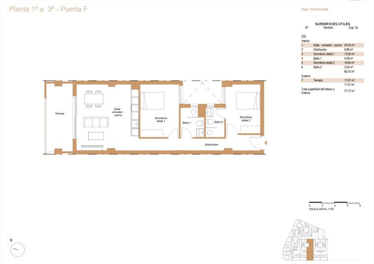 Plano de vivienda, Planta 1ª a 3ª · Puerta F