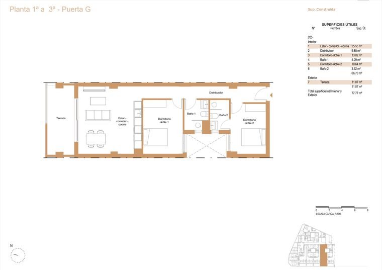 Plano de vivienda, Planta 1ª a 3ª · Puerta G
