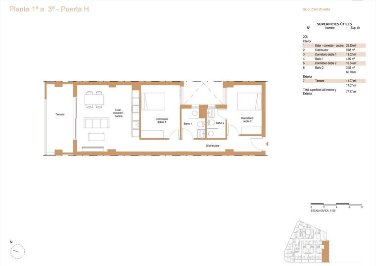 Plano de vivienda, Planta 1ª a 3ª · Puerta H