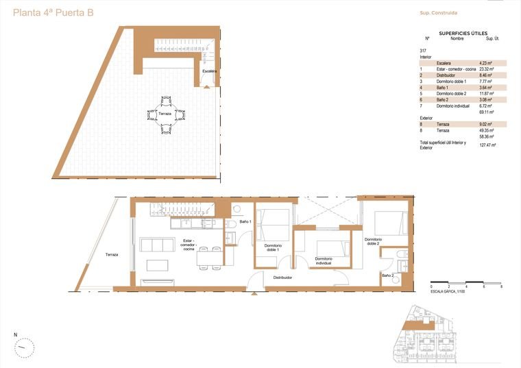 Plano de ático, Planta 4ª · Puerta B · Dos plantas