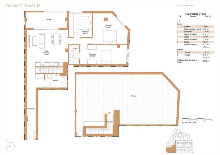 Plano de ático, Planta 4ª · Puerta D · Dos plantas