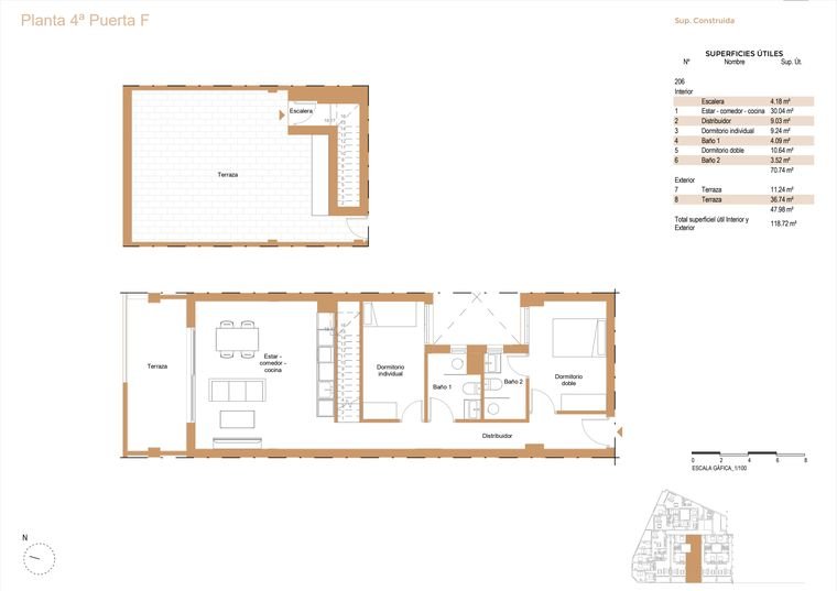 Plano de ático, Planta 4ª · Puerta F · Dos plantas