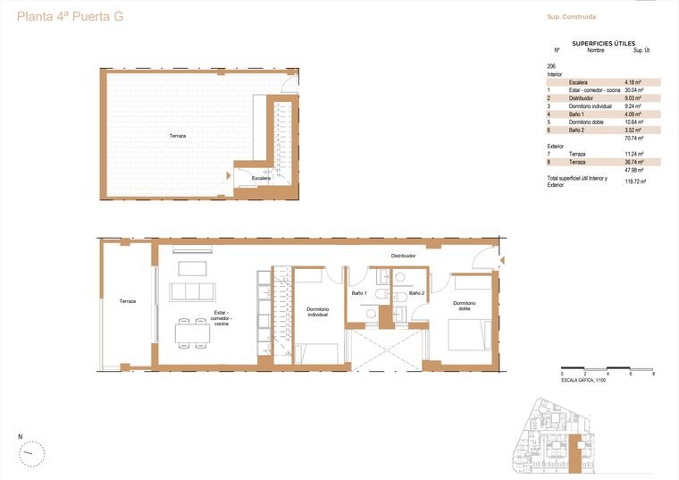 Plano de ático, Planta 4ª · Puerta G · Dos plantas